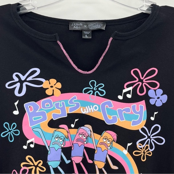 Dolls Kill X SpongeBob SquarePants Bell Sleeve Cropped Graphic Knit Tee - Picture 4 of 9